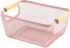 AJIODA Metal Mesh Steel Basket, Small Wire Storage Organizer Baskets Multi-function Hanging Kitchen Basket with Wood Handle f