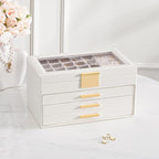 Lolalet Earring Storage Box Case with Glass Top, Large Earring Jewelry Holder Organizer Display with Drawer and Grid, Gifts f