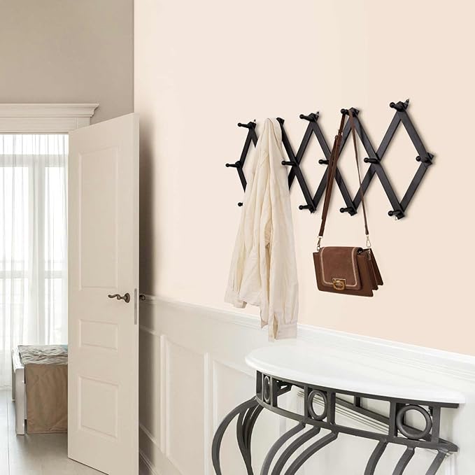 SCUNDA Accordion Wall Hanger with 16 Hooks, Wooden Wall Expandable Coat Rack for Coat, Hats, Baseball Caps, Coffee Mug, Jewel