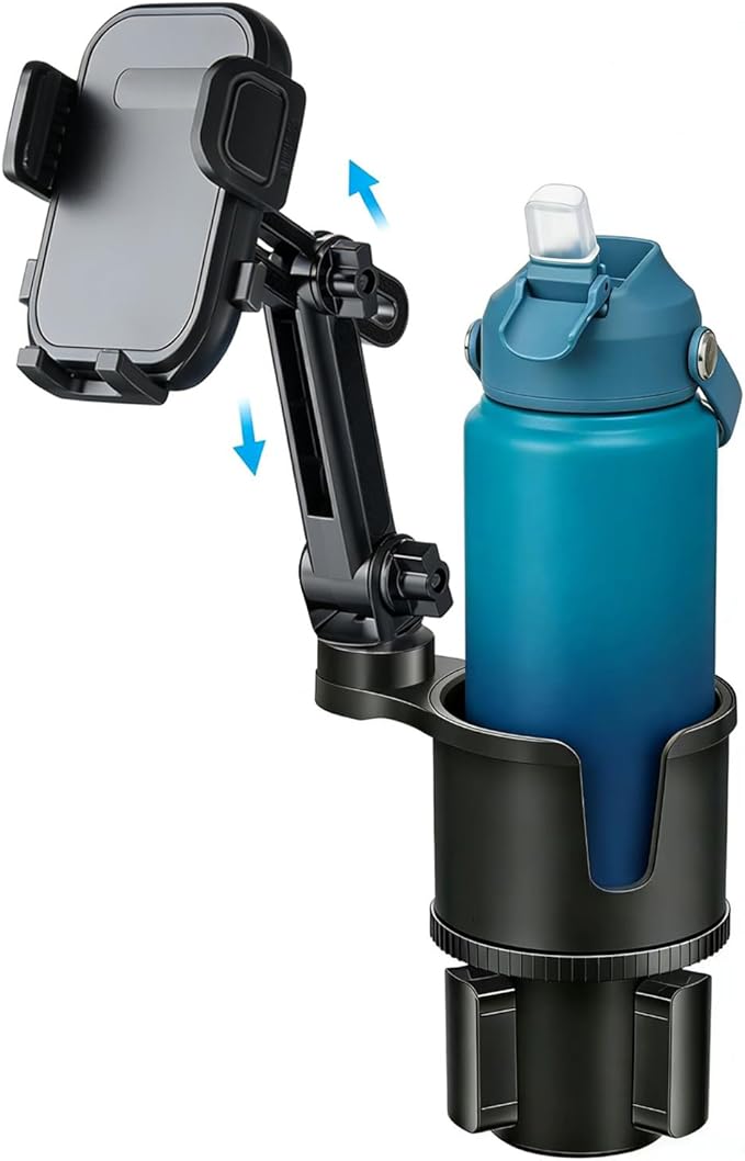 Cup Phone Holder for Car with Expandable Base, 2 in 1 Height-Adjustable Dual Cell Phone Holders Car Cupholder Mount, Friendly Fit Large Bottle & iPhone All Cellphone for Truck SUV | No Shake Design