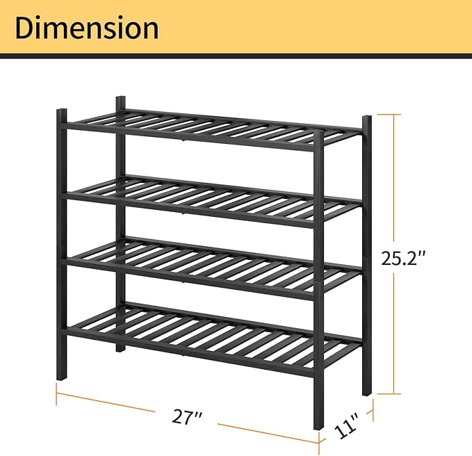 4-Tier Bamboo Shoe Rack for Entryway, Stackable | Heavy Duty | Multi-Function, Free Standing Shoe Racks for Bedroom Hallway C