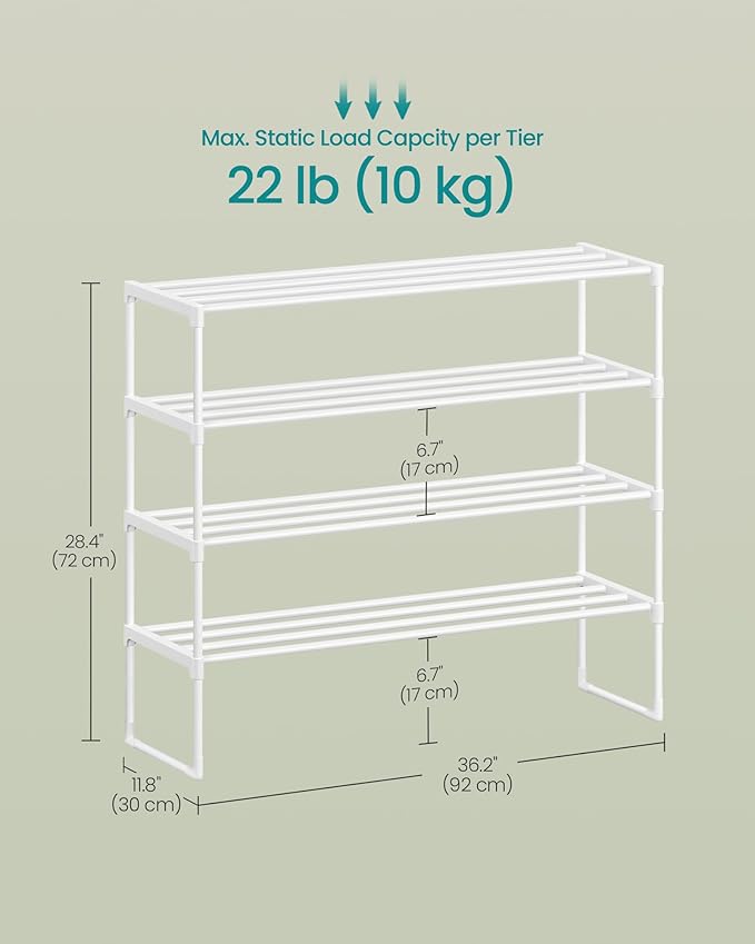 SONGMICS Shoe Rack, 4-Tier Shoe Organizer, Metal Storage Shelf, Upright or Upside Down, for 20-25 Pairs, Stackable, for Entry