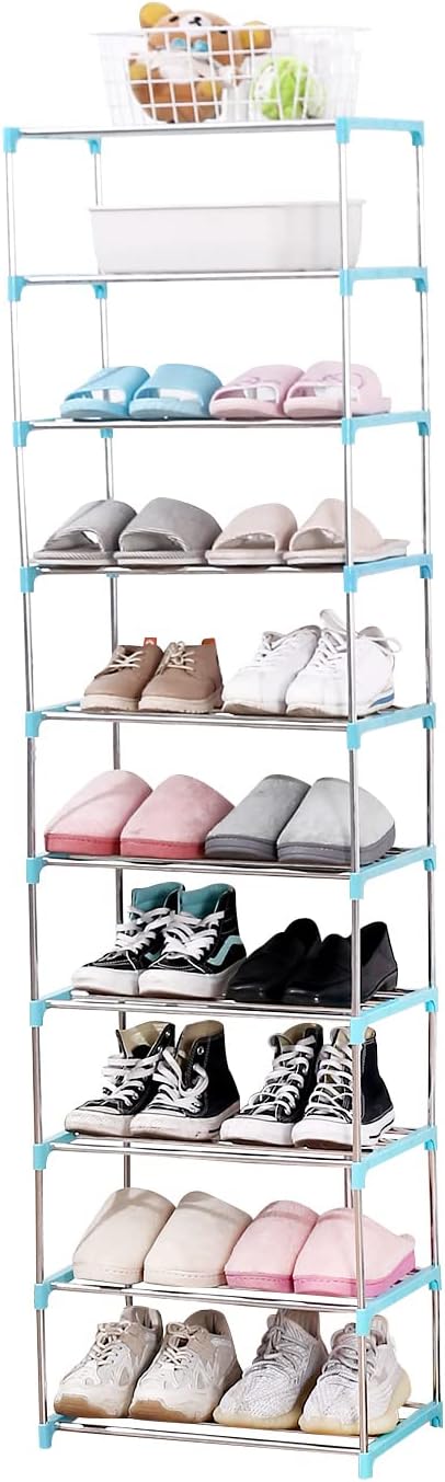 Jucaifu Stackable Small Shoe Rack, Entryway, Hallway and Closet Space Saving Storage and Organization (10-Tier, Blue)