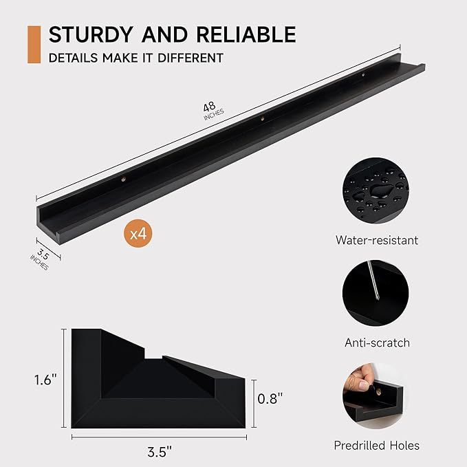 Fun Memories Picture Ledge Shelf for Wall, Floating Shelves Set of 4, 48 Inch Long Nursery Book Shelves for Toys Storage, Kid