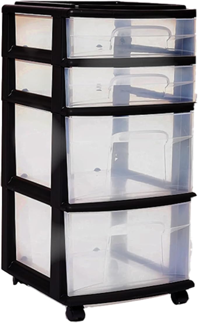 HOMZ Drawer Tower, 4-Tier Clear Plastic Storage Organizer Cart, Black Frame - Multi-Purpose Rolling Drawers with Wheels for B