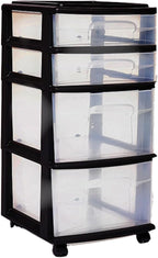 HOMZ Drawer Tower, 4-Tier Clear Plastic Storage Organizer Cart, Black Frame - Multi-Purpose Rolling Drawers with Wheels for B