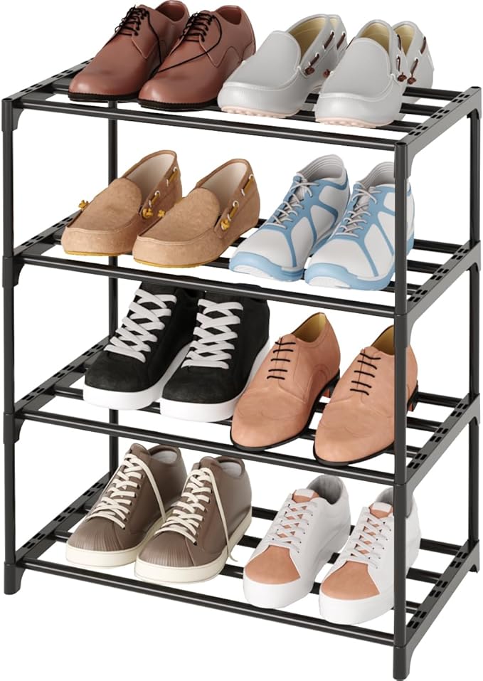 Metal Small Shoe Rack,Stackable Kids Shoe Stand,Narrow Shoe Storage Shelf for 8-10 Pairs of Shoes Entryway and Closet Hallway