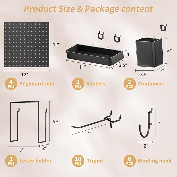 FZK Peg Board, 25pcs PegBoard Wall Organizer, 12in*12in, Includes 4 Black Pegboard and Accessories, Plastic PegBoard for Room