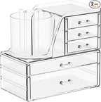 Clear Acrylic Makeup Organizers for Vanity,Countertop,3 Pack Make up Drawer Organizer With Makeup Brush Holder,Plastic Skinca