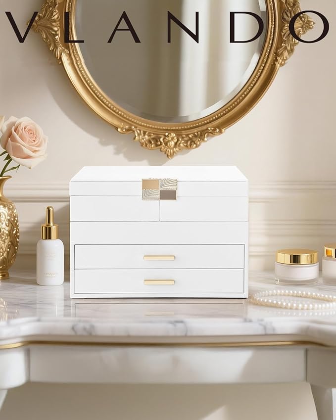 Vlando 4 Layers Jewelry Box - Women Jewelry Box with Retractable Tray - Jewelry Organizer with Drawer for Necklaces, Rings, B