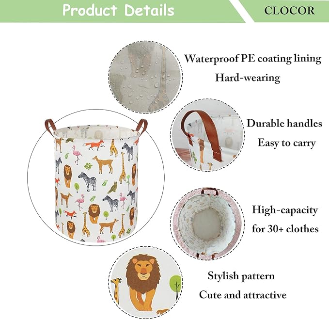CLOCOR Kids Laundry Basket,Nursery Baby Hamper,Toy Storage Bin with handles for Boys and Girls,Safari Room Decor,Waterproof S