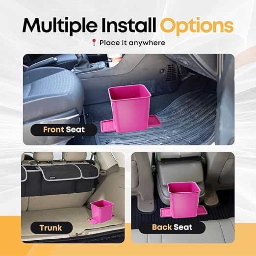 Car Trash Can 2L with Stability Wings & Velcro for Extra Stability – Magic Strip & Clip for Fabric & Rubber Mats – Durable Plastic, Easy Pull Trash Bags Included – Pink