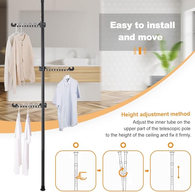 Hershii Telescopic Clothing Rack for Hanging Clothes Laundry Tension Pole 4 Tiers Coat Tree Garment Drying Stand Floor to Cei