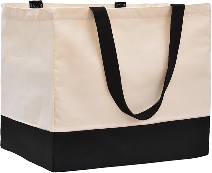 Heavy Duty Canvas Reusable Grocery Bags - 8.3 Gal Foldable Large Tote with Handles, Holds 60 lbs & Washable Eco-friendly Bags with 5 Pockets, Off White Black