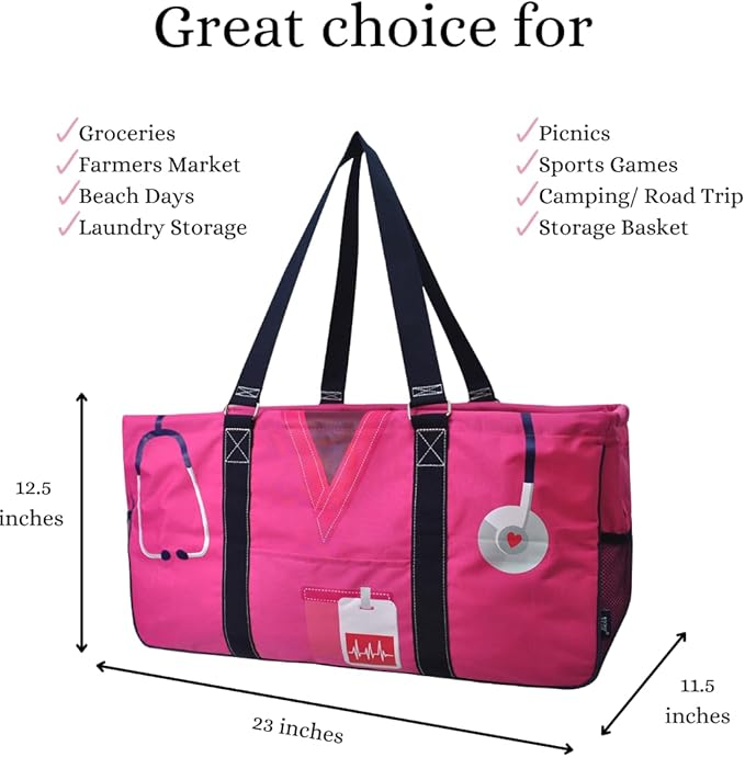 NGIL Extra Large Utility Tote Reusable Grocery Bag Oversized Collapsible for Groceries, Storage, Picnic, Beach (Nurse Life-hot Pink)