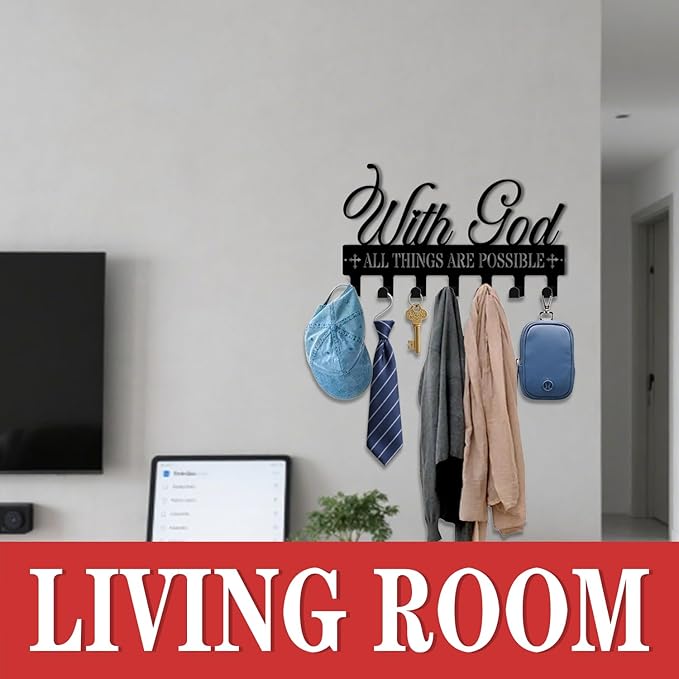 Key Holder Wall Mount, with God All Things are Possible Sign, Key Holder Wall for Wall Decorative with 6 Hooks, Organizer Rac
