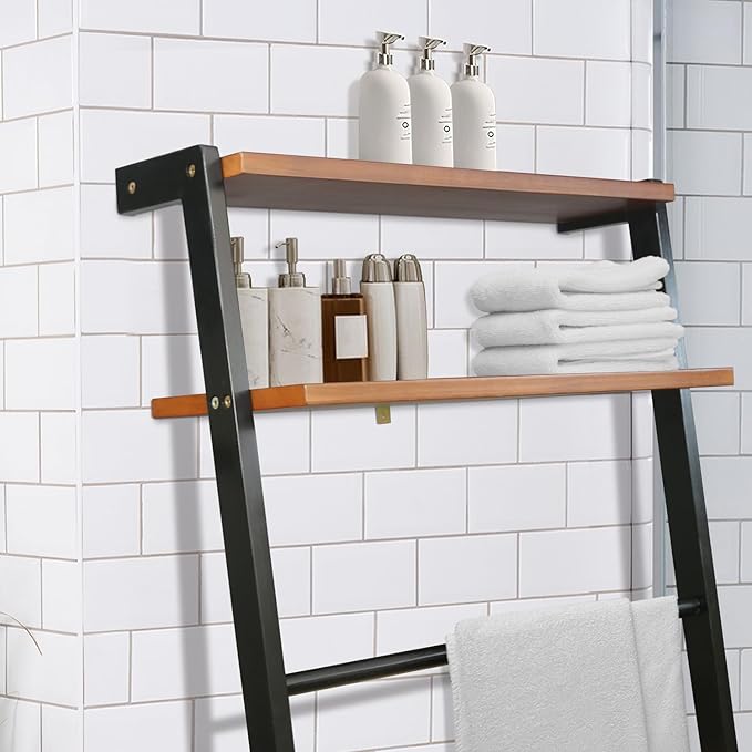 Space Saving 100% Solid Wood 6-Tier Blanket Ladder with Two Storage Shelves - Black/Sweet Oak