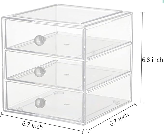 AJIODA Makeup Drawer Organizer Box with 3 Drawers, Acrylic Cosmetic Display Case Vanity Organizer Jewelry Storage Box Stackab