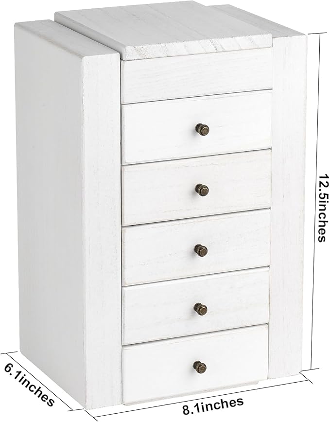 Meangood White Jewelry Box Wood for Women, 6-Layer Large Organizer Box with Mirror & 5 Drawers for Rings, Earrings, Necklaces