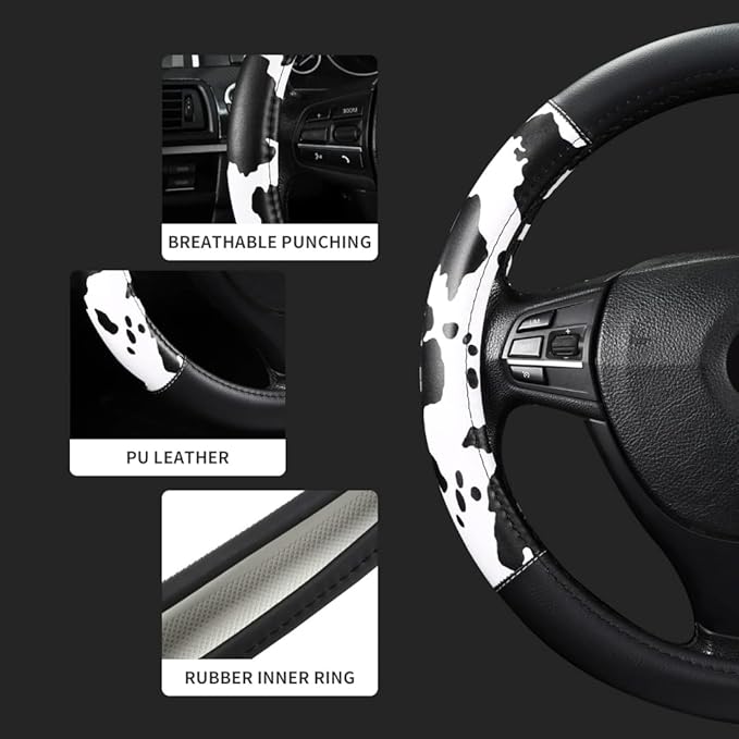 Cow Print Steering Wheel Cover, Universal 15 Inch Cute Steering Wheel Cover for Women, Breathable Anti-Slip Car Steering Whee