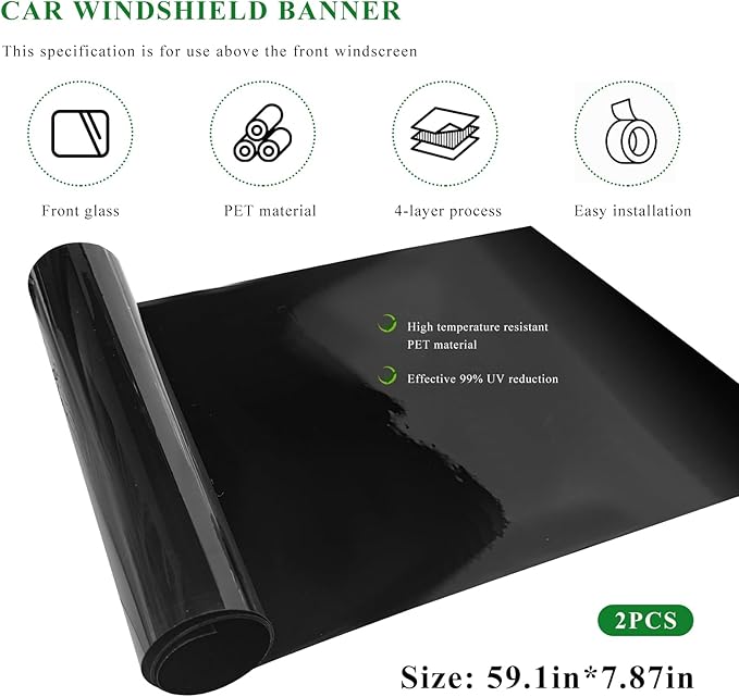 2 PCS Windshield Tint Strip, 59.05"×7.87" Car Window Sun Visor Tints Film with Scraper, Universal Front Windscreen Heat Control Tint Strip Styling Decoration for Car Truck SUV RV