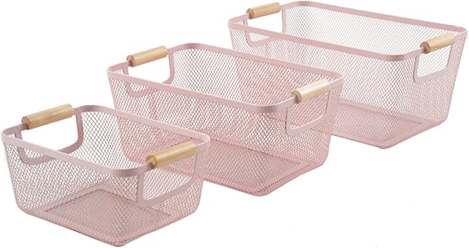 AJIODA Metal Mesh Steel Basket, Small Wire Storage Organizer Baskets Multi-function Hanging Kitchen Basket with Wood Handle f