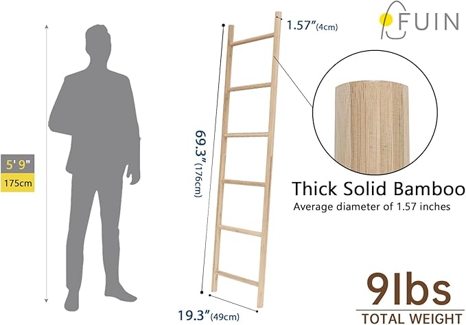FUIN Fully Assembled 6ft Bamboo Blanket Ladders Living Room Wood Decorative Wall Leaning Farmhouse Quilt Display Holder Rusti