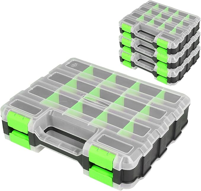 Jack Boss Tool Box with Transparent Lid, Double Side 34-Compartments Organizer Box with Removable Dividers for Hardware, Scre