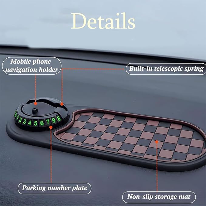 4-in-1 Multi-Functional Support Anti-Slip Pad, 360° Rotating Car Phone Holder Pad with Temporary Parking Number Plate, All-in