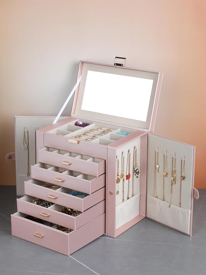 BOOVO Jewelry Box For women, 6 Layer Large Jewelry Organizer With Mirror, Multi-Function Storage Box With Lock, Necklace Hold