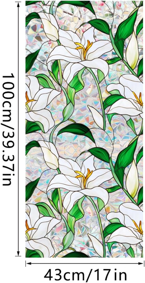 Niviy Window Privacy Film Lily White Flowers Stained Glass Window Film, Sun Protection Decals for Car Moonroof, Static Cling Rainbow Sticker Covering for Wedding Home Door (16.93 x 39.37inch)
