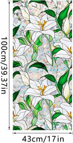 Niviy Window Privacy Film Lily White Flowers Stained Glass Window Film, Sun Protection Decals for Car Moonroof, Static Cling Rainbow Sticker Covering for Wedding Home Door (16.93 x 39.37inch)