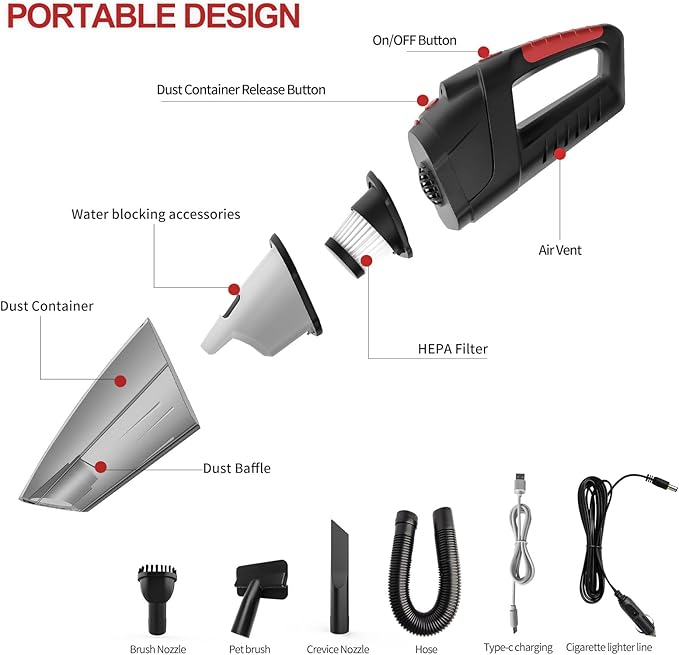 Handheld Vacuum Cleaner, Cordless Vacuum Cleaner, 6.5KPA Super Powerful Suction Cleaner, Rechargeable Portable Hand Vacuum,wi