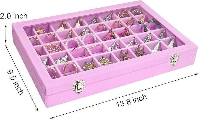 Siveit Velvet Jewelry Tray 48 Grid Jewelry Display Tray Organizer Box with Transparent Lid Rings Earrings Necklaces Pendants 