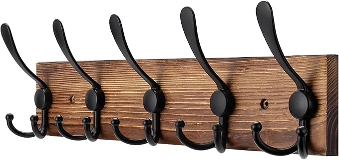 Kuhome Coat Rack Wall Mount Wooden Hat Rack for Wall Hooks Pine Real Wood Plank 16.9" Brown Coat Hanger with 5 Triple Hooks f