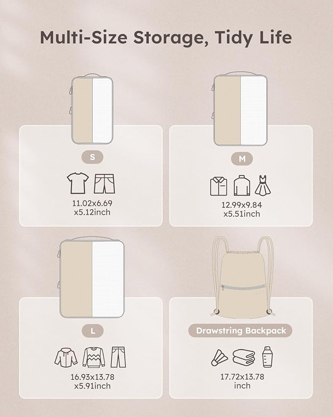 4 Set Compression Packing Cubes for Travel, Bonus Versatile Drawstring Backpack, Lightweight Luggage Organizer Bags, Sturdy T