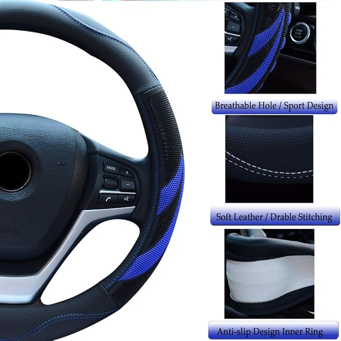 Alusbell Microfiber Leather Steering Wheel Cover Breathable Auto Car Steering Wheel Cover for Men and Women Universal 15 Inch