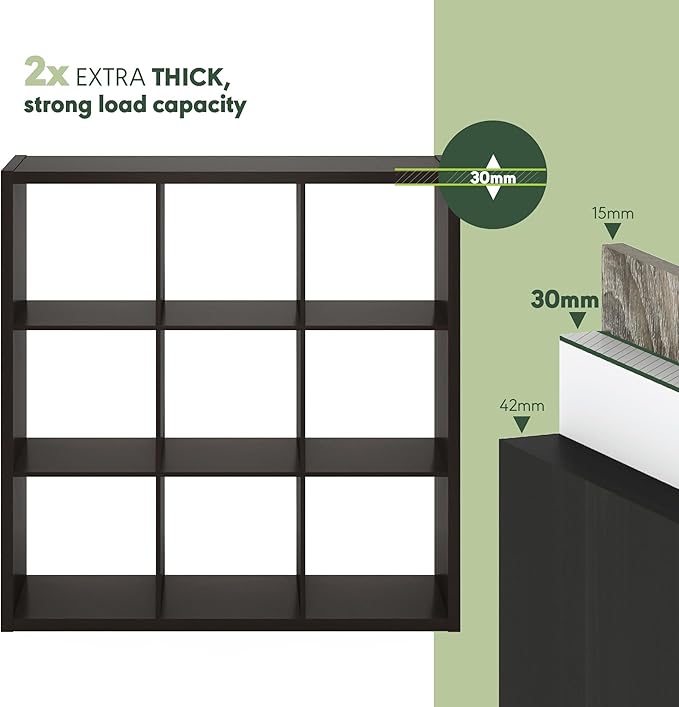 Furinno CUBICLE Book Shelf, 9-Cube Bookshelf, Extra Thick Frame Reversible Bookcase with Open Back, 14.6" x 44" x 44", for Li