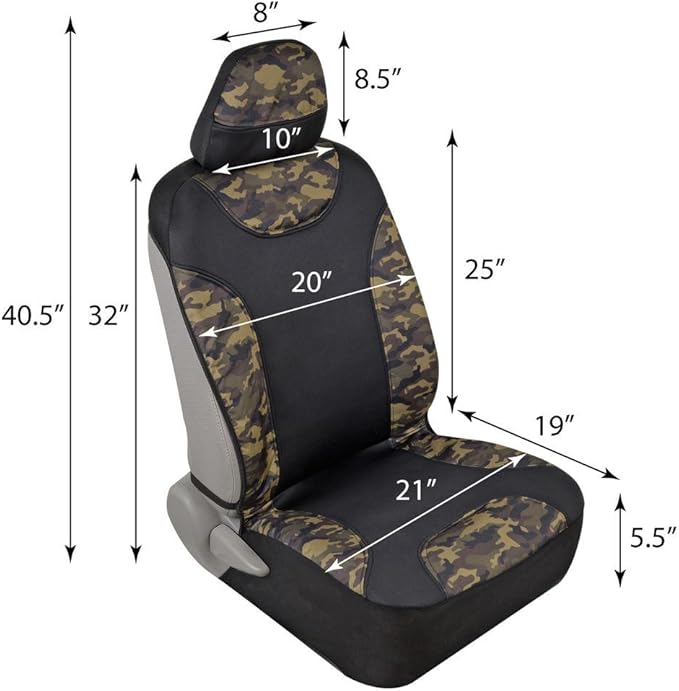BDK Waterproof Camo Seat Covers for Car Truck Van SUV, 2 Pack – Two-Tone Black & Camouflage, Durable Neoprene Seat Protectors