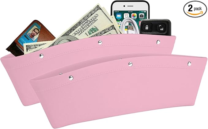 lebogner Between Car Seat Gap Filler Organizer, 2 Pack PU Leather Side of Center Console Car Pocket for Phone, Coins and Keys, Multifunction Crevice Caddy Catcher, Vehicle Interior Accessories, Pink