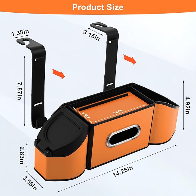 7-In-1 Car Seat Back Organizer with Cup Holders, Tissue Box, Garbage Can&Hooks, Multifunctional Headrest Storage Organizer, Headrest Cup Holder for Backseat, Car Accessories for Trips, Travels(Orange)