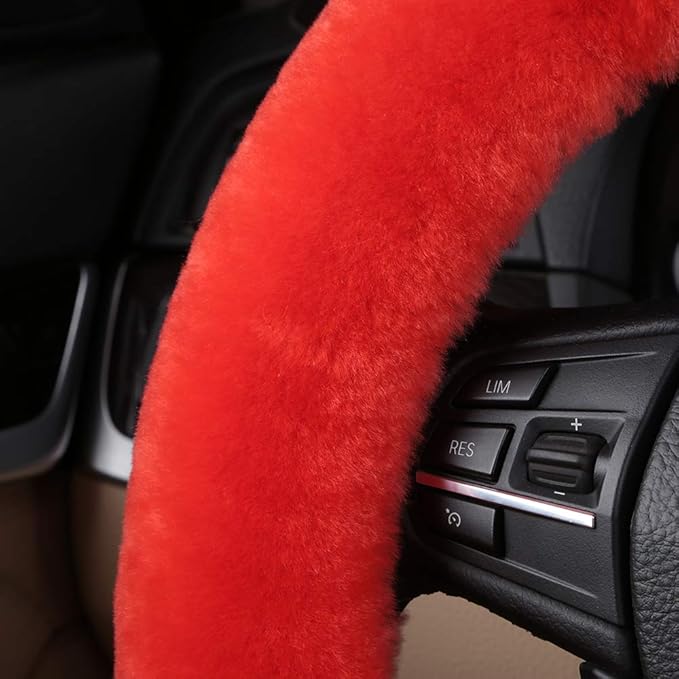 Plush Fuzzy Wool Sheepskin Car Steering Wheel Cover for Girls Women, Protector Universal Car Auto Steering Wheel 14 1/2-15 1/