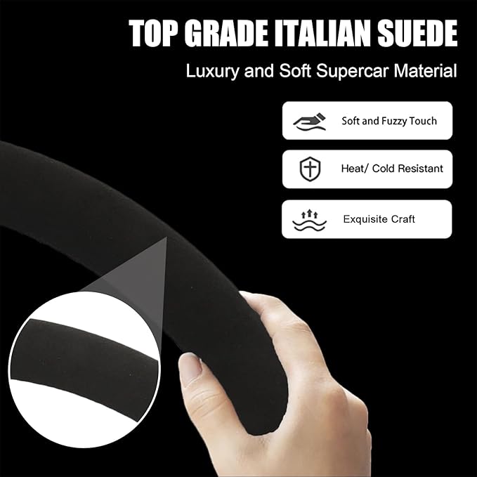 Suede Steering Wheel Cover for Tesla Model 3/Y, Anti Heat, Breathable, Anti-Slip, Leather Steering Wheel Cover 14-14 1/4 in (35.5-36 cm) (Black-01)