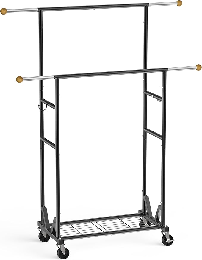 Rolling Garment Rack - Double Rod Clothes Rack with Lockable Casters, Mesh Storage Shelf & Anti-Slip Wooden Finials accented 
