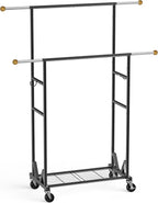 Rolling Garment Rack - Double Rod Clothes Rack with Lockable Casters, Mesh Storage Shelf & Anti-Slip Wooden Finials accented 