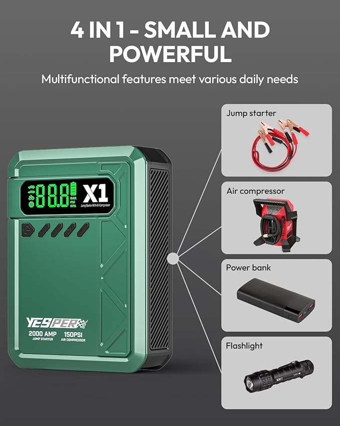 YESPER Jump Starter with Air Compressor 2000A 150PSI Battery Jumper Starter Portable(8L Gas/6L Diesel) 12V Car Jump Pack