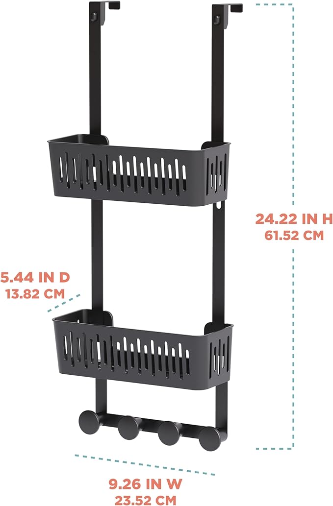 Zenna Home SnugFit Over the Door Caddy Organizer with 2 Storage Baskets and 4 Hooks, Over Door Hanging Organizer for Bathroom