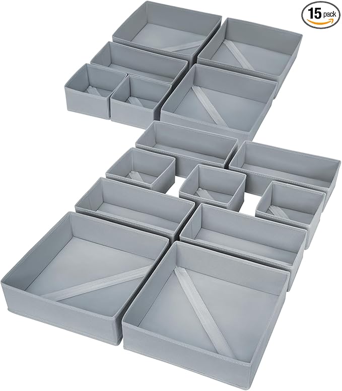 DIMJ Drawer Organizer Clothes, 15 Pack Underwear Organizer, Foldable Closet Bins, Sock Organizer Bra Cube, Fabric Dresser Box