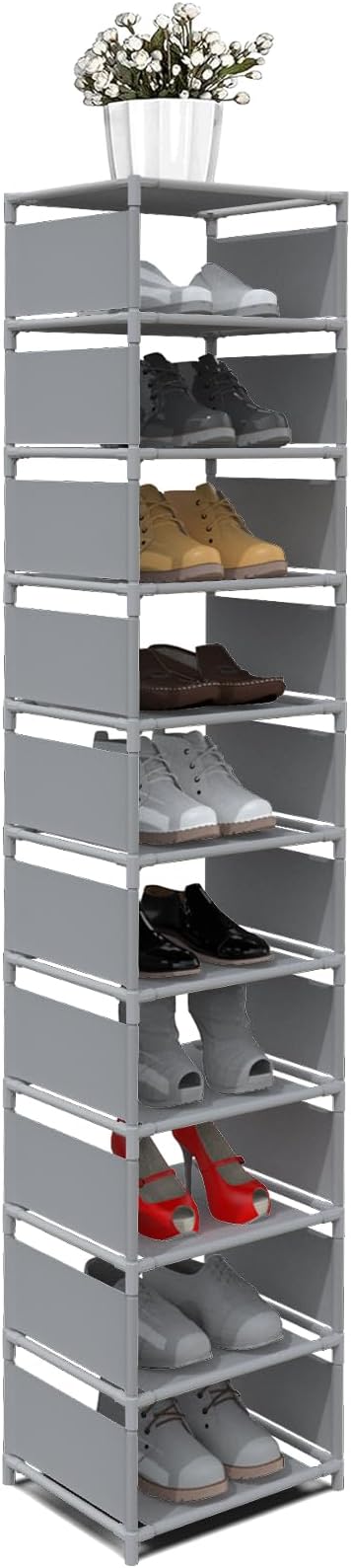 10 Tier Vertical Shoe Rack - Grey Narrow Shoe Rack for Closet & Entryway, Space Saving Tall Shoe Organizer for Small Spaces, 