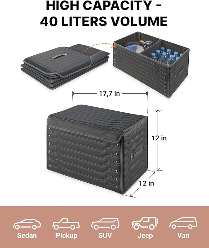 Owleys Trunk Storage 17.7" Collapsible Crate For Groceries, Tools & Travel Gear - Eco-Leather Car Organizer With Magnetic